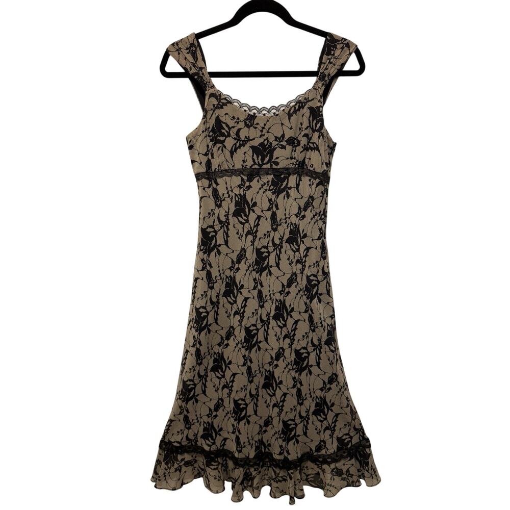 INC International Concepts Black Beige 100% Silk Lace PRINT Slip Dress Sz 4P